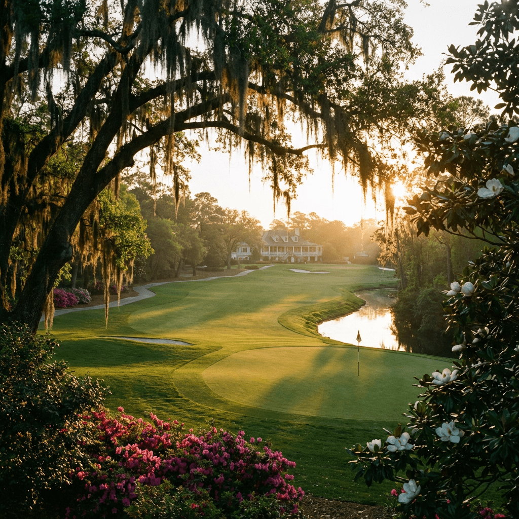 Lush golf course fairway at sunset framed by Spanish moss and blooming pink azaleas.